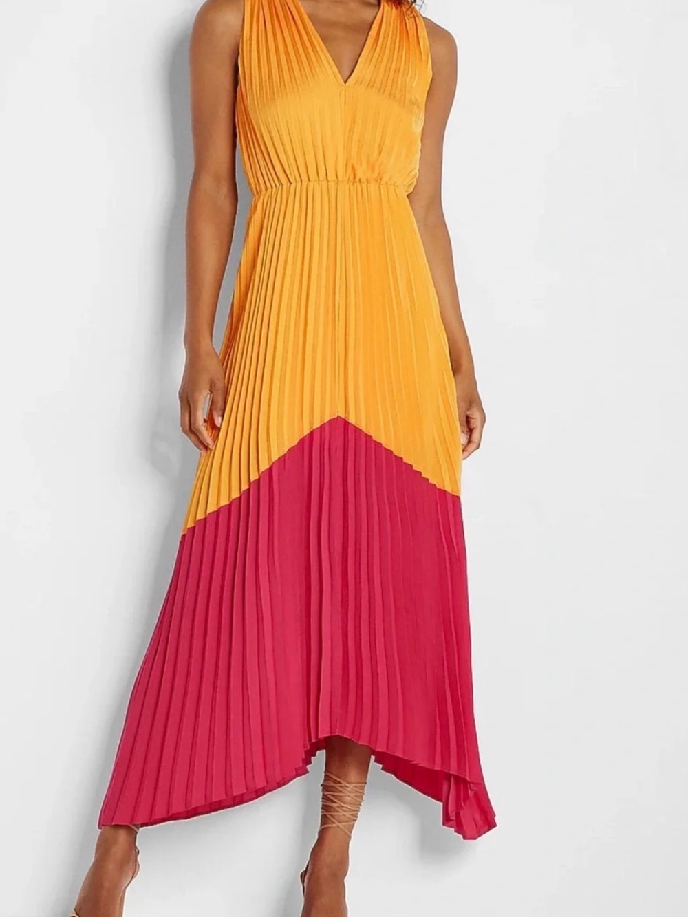 Express Orange and Berry Colorblock Pleated High-Low Maxi Dress